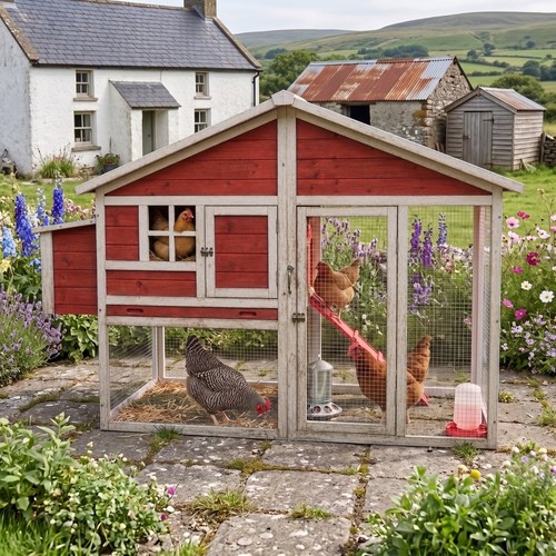 Wooden chicken coop with - with, run